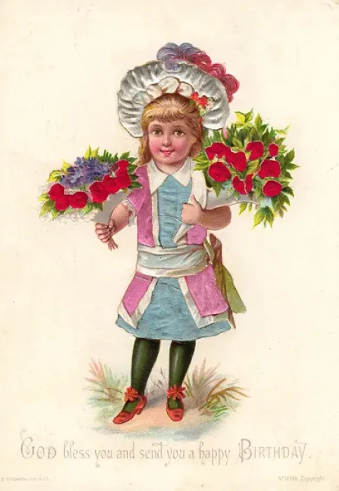 Framed Print : Girl with flowers on a fabric birthday card Framed Print : Girl with flowers on a fabric birthday card