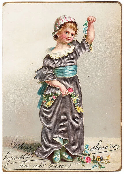 Girl with flowers on a fabric greetings card