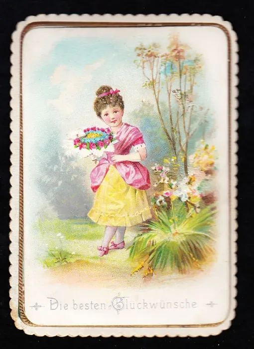 Framed Print : Girl with of flowers on a German greetings card Framed Print : Girl with of flowers on a German greetings card