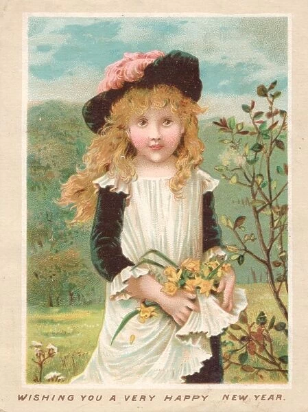 Girl with flowers on a New Year card