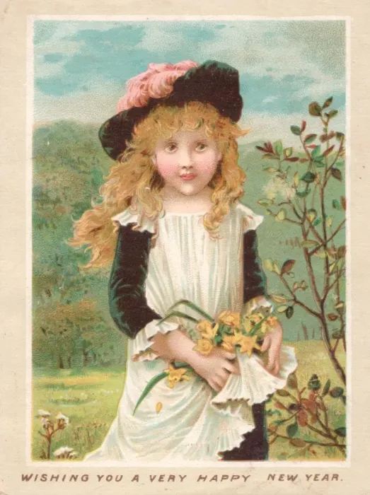 Framed Print : Girl with flowers on a New Year card Framed Print : Girl with flowers on a New Year card