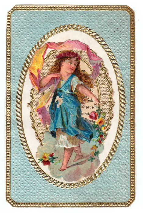Framed Print : Girl with flowers on an ornate greetings card Framed Print : Girl with flowers on an ornate greetings card