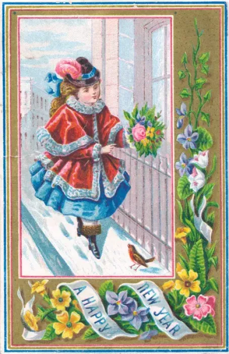Framed Print : Girl with flowers and robin on a New Year card Framed Print : Girl with flowers and robin on a New Year card