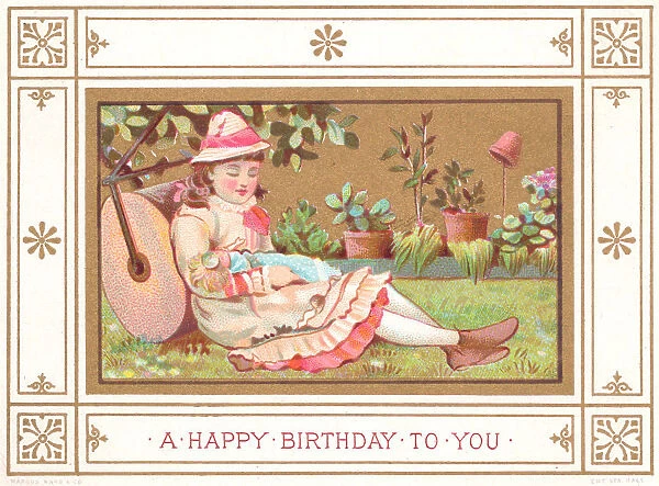 Girl in a garden with a doll on a birthday card