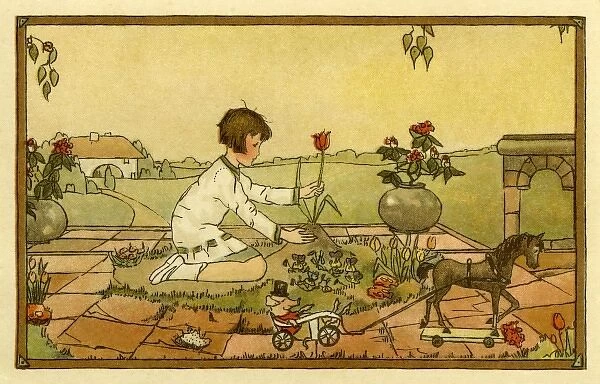 Girl in garden with toys