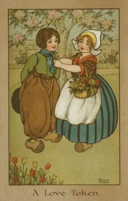 Framed Print : A girl gives a boy a token of her love by Florence Hardy Framed Print : A girl gives a boy a token of her love by Florence Hardy