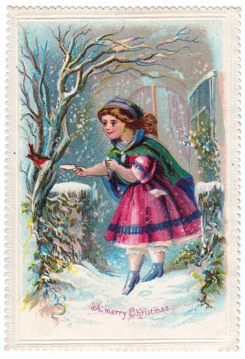 Framed Print : Girl giving food to a robin on a Christmas card Framed Print : Girl giving food to a robin on a Christmas card