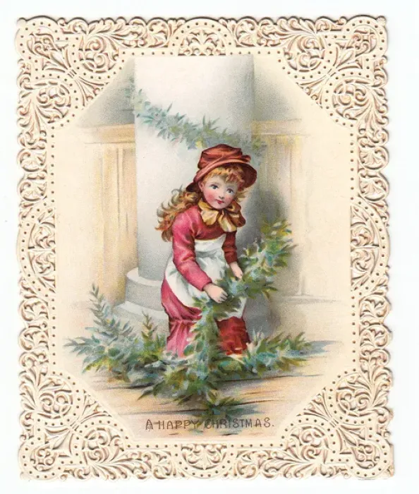 Framed Print : Girl with green branches on a Christmas card Framed Print : Girl with green branches on a Christmas card