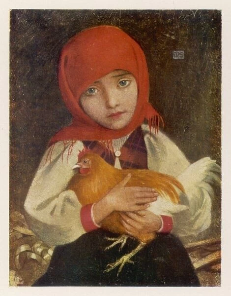 Girl and Hen. A young Hungarian girl clutches a hen 