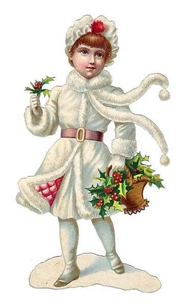 Girl with holly on a Victorian Christmas scrap
