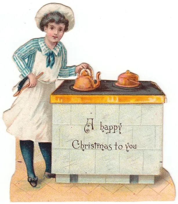 Framed Print : Girl with kettle and saucepan on a Christmas card Framed Print : Girl with kettle and saucepan on a Christmas card