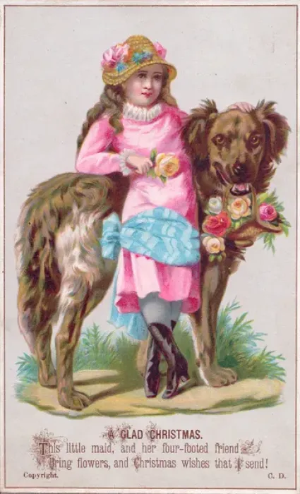 Framed Print : Girl and large dog with flowers on a Christmas card Framed Print : Girl and large dog with flowers on a Christmas card