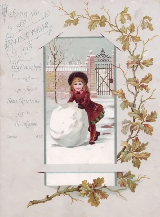 Framed Print : Girl with a large snowball on a Christmas card Framed Print : Girl with a large snowball on a Christmas card