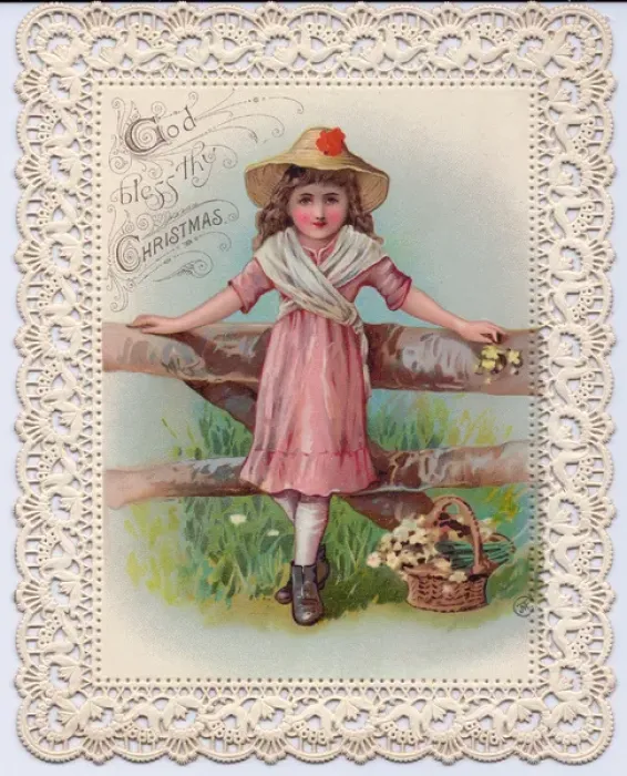 Framed Print : Girl leaning on a fence on a Christmas card