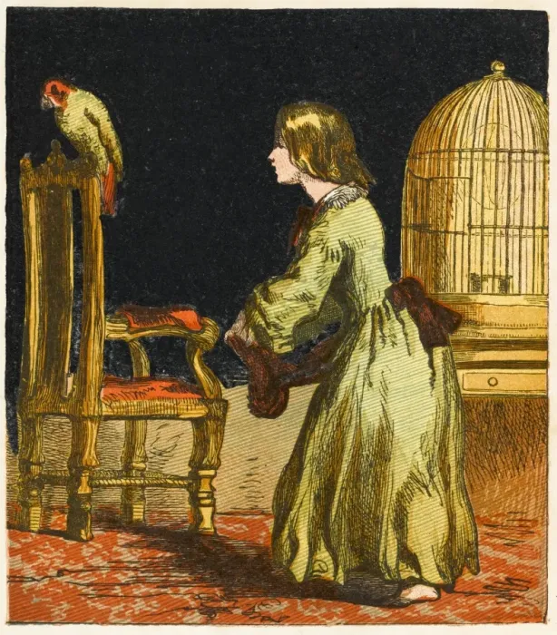 Framed Print : Girl Lets Bird out 1867 Framed Print : Girl Lets Bird out 1867