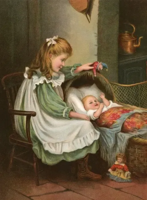 Framed Print : Girl Minds Baby C1900 Framed Print : Girl Minds Baby C1900