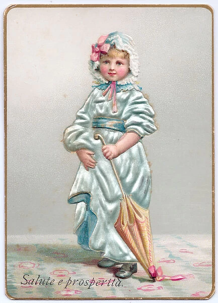 Girl in pale blue on an Italian greetings card