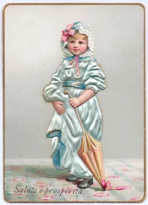 Framed Print : Girl in pale blue on an Italian greetings card