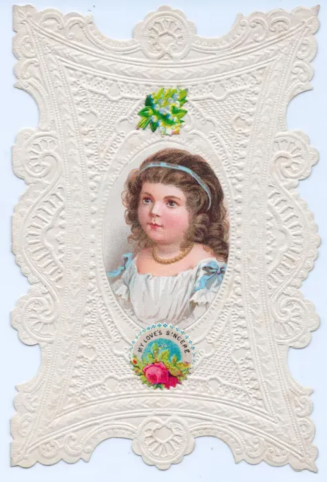 Framed Print : Girl on a paper lace romantic card Framed Print : Girl on a paper lace romantic card
