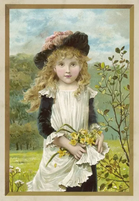 Framed Print : GIRL PICKS FLOWERS C1890 Framed Print : GIRL PICKS FLOWERS C1890