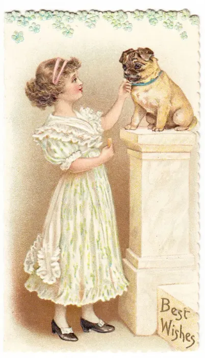 Framed Print : Girl with pug dog on a greetings card Framed Print : Girl with pug dog on a greetings card