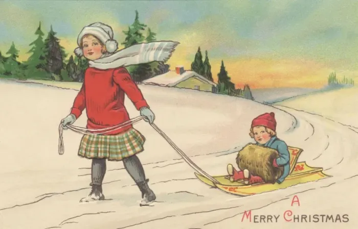 Framed Print : Girl pulling her little brother along on a sledge Framed Print : Girl pulling her little brother along on a sledge
