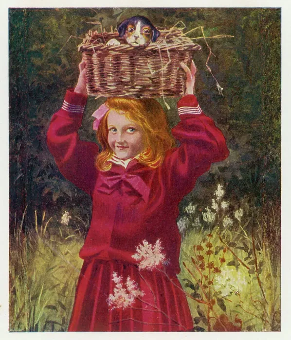 Framed Print : Girl, Puppy, Basket Framed Print : Girl, Puppy, Basket