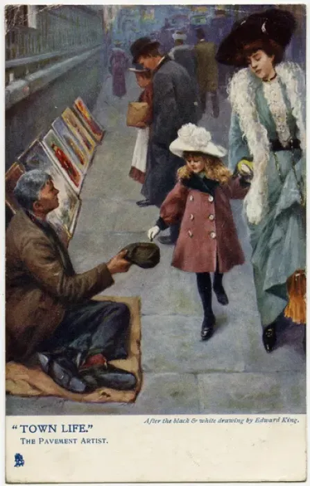 Framed Print : Girl puts a penny in the cap of a Pavement Artist, London Framed Print : Girl puts a penny in the cap of a Pavement Artist, London