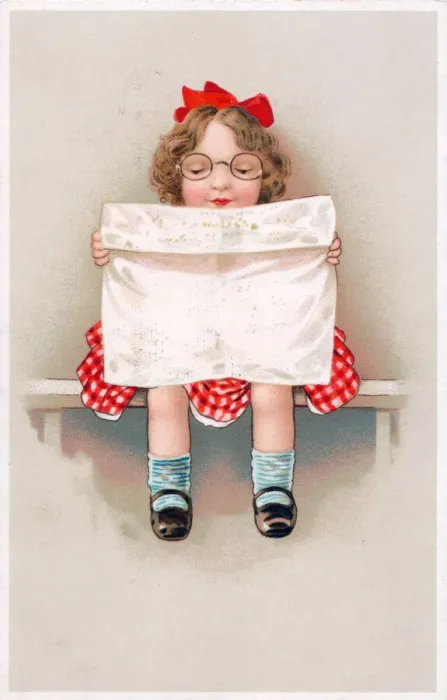 Framed Print : Girl reading a newspaper on a greetings postcard Framed Print : Girl reading a newspaper on a greetings postcard