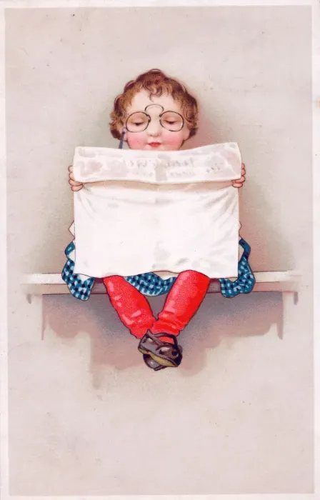 Framed Print : Girl reading a newspaper on a greetings postcard Framed Print : Girl reading a newspaper on a greetings postcard