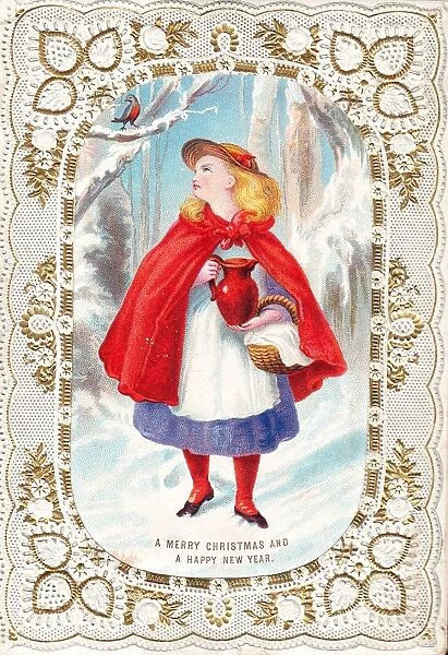 Girl in red cloak on a Christmas and New Year card
