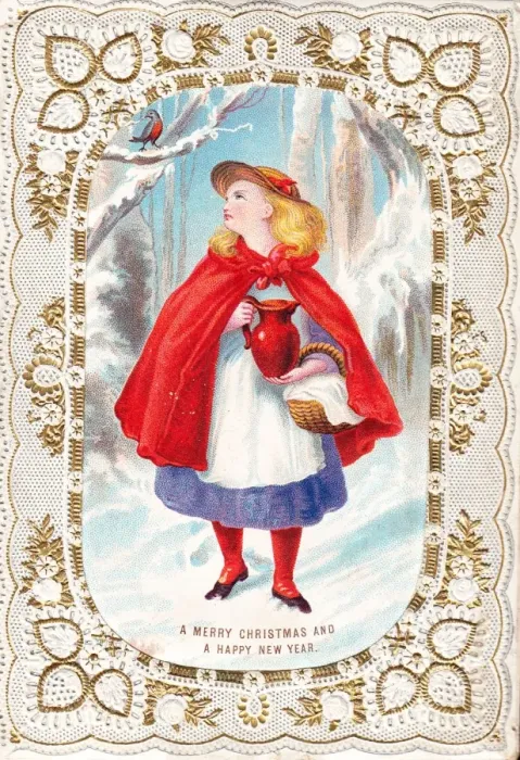Framed Print : Girl in red cloak on a Christmas and New Year card Framed Print : Girl in red cloak on a Christmas and New Year card