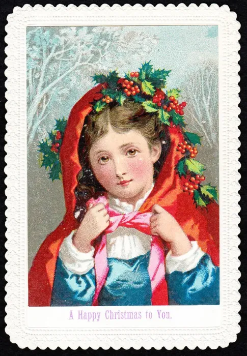 Framed Print : Girl with red cloak and holly on a Christmas card Framed Print : Girl with red cloak and holly on a Christmas card