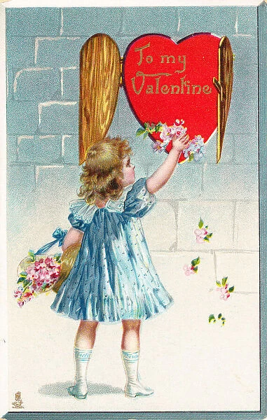 Girl with red heart and pink flowers on a Valentine postcard