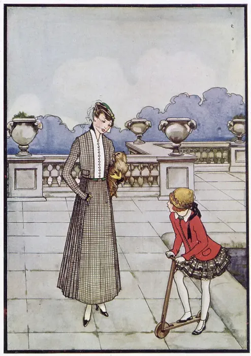 Framed Print : Girl: red jacket with rounded borders, short tartan skirt, spats & staw hat. Woman: grey checked long kilt style skirt with vertical front pockets, short jacket & a tiny hat & veil Date: 1915 Framed Print : Girl: red jacket with rounded borders, short tartan skirt, spats & staw hat. Woman: grey checked long kilt style skirt with vertical front pockets, short jacket & a tiny hat & veil Date: 1915