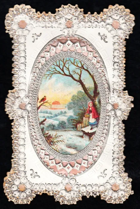 Framed Print : Girl, robin and snow scene on a Christmas card Framed Print : Girl, robin and snow scene on a Christmas card