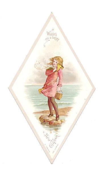 Girl at the seaside on a New Year card