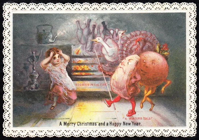 Framed Print : Girl seeing stories in the fire on a Christmas card Framed Print : Girl seeing stories in the fire on a Christmas card