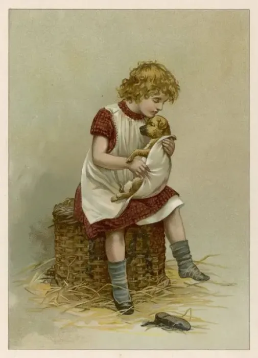 Framed Print : Girl & Sick Puppy Framed Print : Girl & Sick Puppy