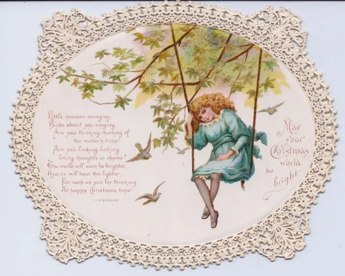 Framed Print : Girl sitting on a swing on a Christmas card Framed Print : Girl sitting on a swing on a Christmas card