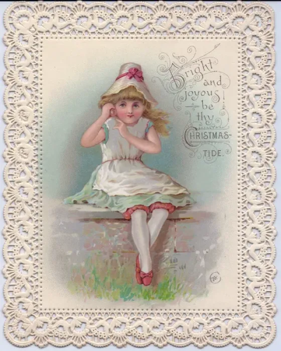 Framed Print : Girl sitting on a wall on a Christmas card Framed Print : Girl sitting on a wall on a Christmas card