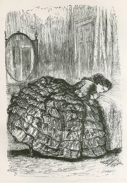 Girl sleeping on bed in crinoline dress by Millais
