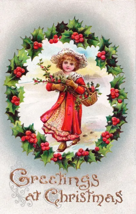 Framed Print : Girl in the snow on a Christmas postcard Framed Print : Girl in the snow on a Christmas postcard