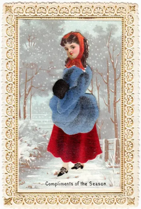 Framed Print : Girl in the snow on a fabric Christmas card Framed Print : Girl in the snow on a fabric Christmas card