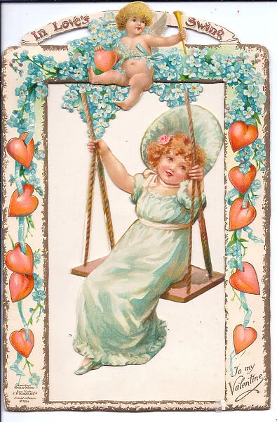 Girl on a swing on a movable Valentine card