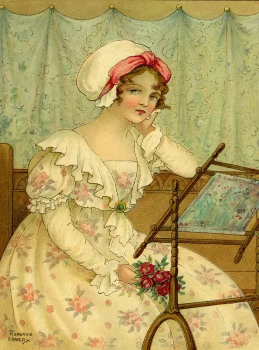 Framed Print : Girl at tapestry frame by Florence Hardy Framed Print : Girl at tapestry frame by Florence Hardy