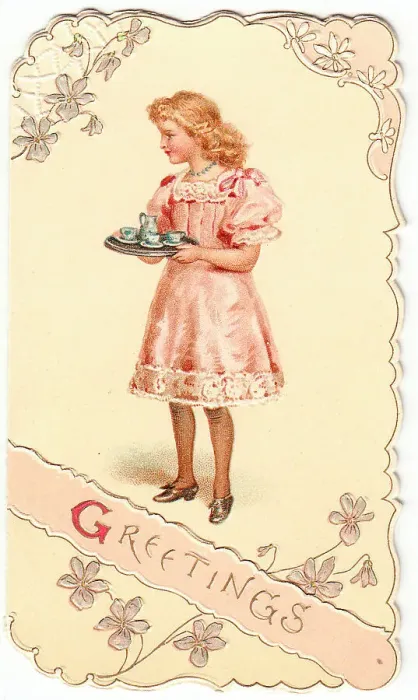 Framed Print : Girl with tea tray on a greetings card Framed Print : Girl with tea tray on a greetings card