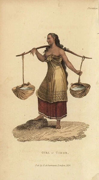 Girl of Timor in sarong carrying water with a yoke