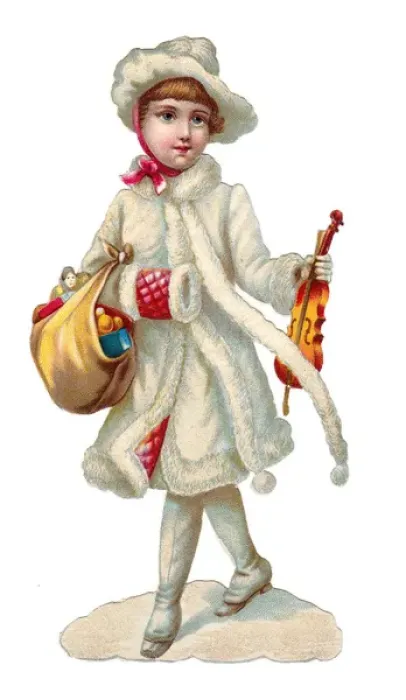 Framed Print : Girl with toys and violin on a Victorian Christmas scrap Framed Print : Girl with toys and violin on a Victorian Christmas scrap