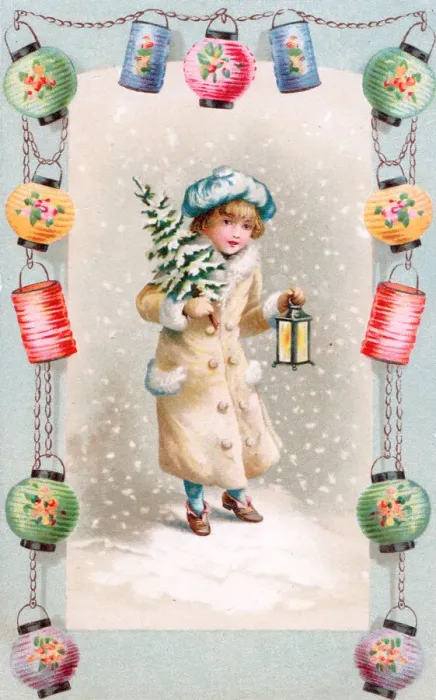 Framed Print : Girl with tree and lantern on a Christmas postcard Framed Print : Girl with tree and lantern on a Christmas postcard